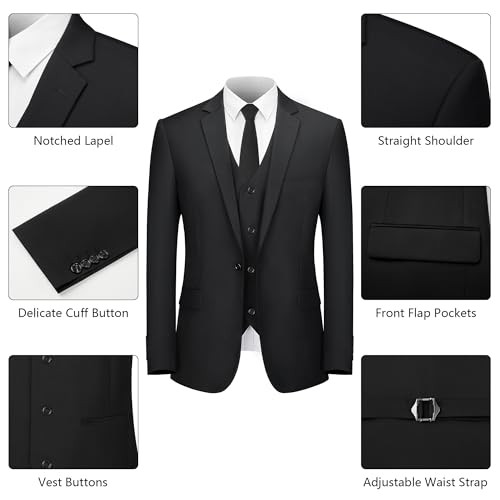 LORENZO BRUNO 3 Piece Black Suits for Men Slim Fit Mens Suit for Business Wedding Party One Button Blazer Tuxedo Jacket Vest & Pants with Tie, Black M