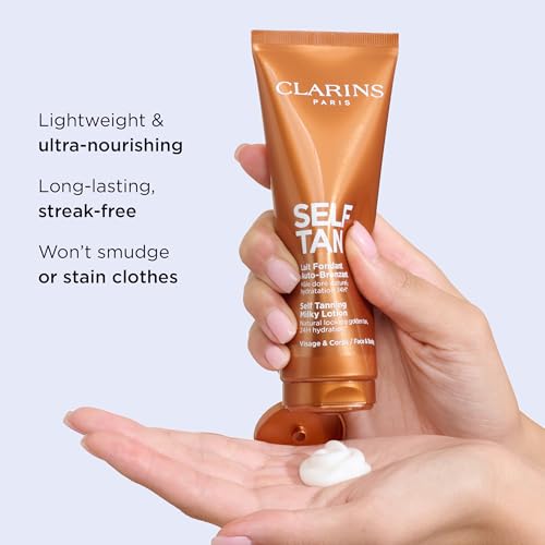 Clarins NEW Self-Tanning Milky Lotion | Self Tanner for Face and Body | Buildable, Streak-Free, Long-Lasting, Natural, Sun-Kissed Glow | 24H Hydration*| Contains Aloe Vera & Glycerin | 4.5 Ounces