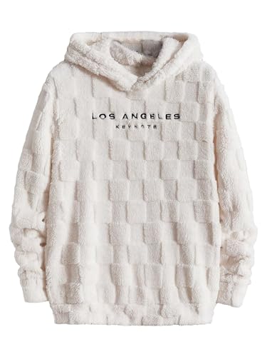 Verdusa Men's Fuzzy Pullover Hoodie Long Sleeve Letter Embroidery Hooded Sweatshirt Beige Medium