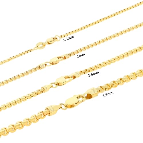 Nuragold 14K Real Yellow Gold Round Box Venetian Link Chain Necklace - 1.5mm,18"