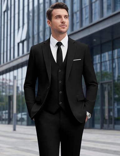 WULFUL Men’s Slim Fit Suit One Button 3-Piece Blazer Dress Business Wedding Party Jacket Vest & Pant Black