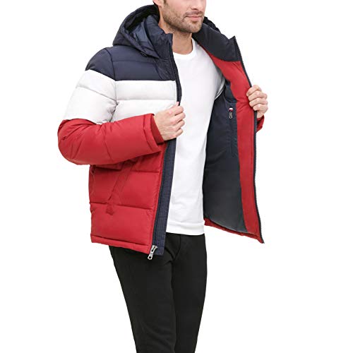Tommy Hilfiger Men's Classic Hooded Puffer Jacket (Standard and Big & Tall), midnight/white/red, Medium