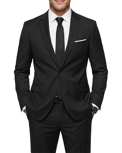 MY'S Men's 2 Piece Suit with Tie, One Button Slim Fit Solid Jacket and Pants Set, Suits for Men Party Prom Wedding & Business, Black