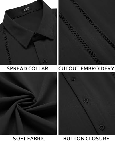 COOFANDY Men's Casual Dress Shirt Solid Short Sleeve Button Up Summer Shirts Cuban Shirt Black