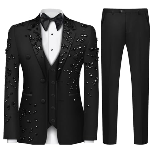Luxury Men's 2 Piece Suit Slim Fit Solid 2 Button Beads Crystal Party Wedding Tuxedo Suits Blazer Jacket Pants Set Black
