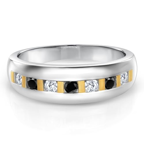 Gem Stone King White Lab Grown Diamond and Black Diamond Wedding Band Ring for Men | 925 Sterling Silver and 10K Yellow Gold | 0.46 Cttw | Round 2.5MM | Size 11