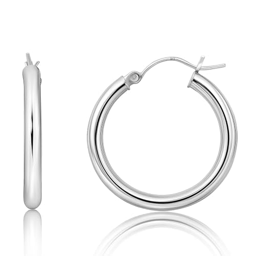 MAX + STONE Solid 10K Gold Hoop Earrings with Click Tops for Women | 1 Inch Large White Gold
