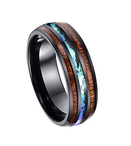 8mm Hawaiian Koa Wood and Abalone Shell Stainless Steel Rings Wedding Bands for Men Comfort Fit (Black, 11)