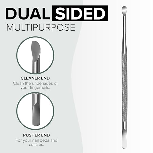 Stainless Steel Nail Cuticle Pusher with Spoon Nail Cleaner - Professional Dual Sided Fingernail Cleaner for Under Nails - Saloon Quality Dual Ended Manicure & Pedicure Tool for Cuticle Care & Nails