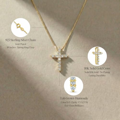 The Brothers Jewelry Co. Lab Grown Diamond Cross Necklace in 10K Solid Gold (0.25–1 ct. tw.) with 18-inch Box Chain (10K Yellow Gold, 0.50 CTTW)