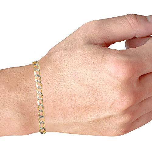 Nuragold 14k Real Yellow Gold Cuban Curb 7mm Solid Pave Chain Bracelet - 8"
