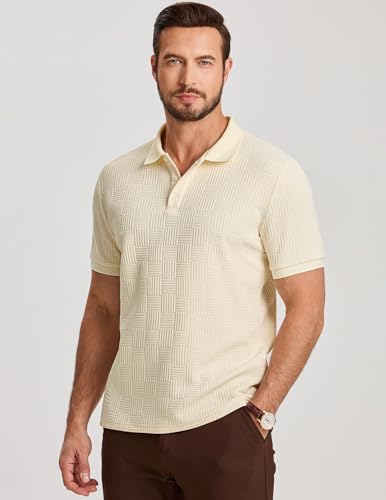 JMIERR Men's Business Casual Polo Shirt Jacquard Textured Golf Polos Quiet Luxury T Shirt, US40(M), Beige