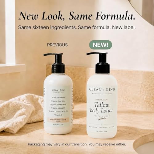 Clean + Kind Vanilla Tallow Body Lotion, Non-Toxic for Dry Skin 8 oz