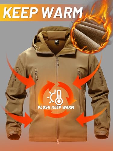 TACVASEN Waterproof Jacket for Men's Snowboard Special Ops Military Tactical Soft Shell Rain Jacket Warm Ski Coats with Hood Hiking Sand XL
