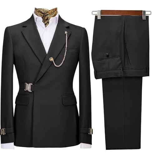 Men's 2 Piece Suit with Metal Clasp Slim Fit Suit Stylish Business Tuxedo Suit Set-2XL,Black