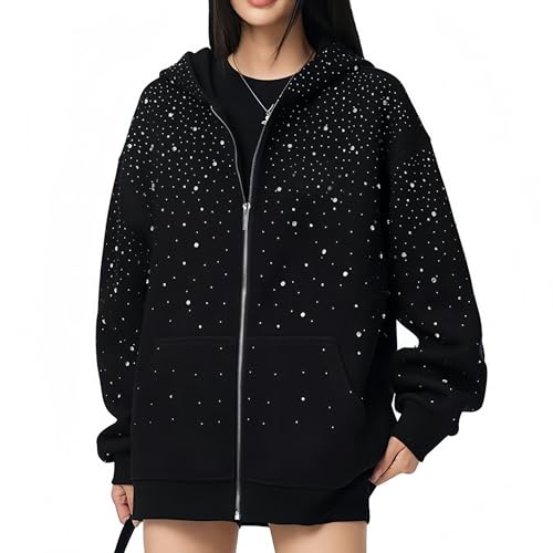 clyinsna Goth Y2K Rhinestone Hoodie for Women Men Oversized Diamond Hoodie Luxury Bedazzled Streetwear Pullover (Black,X-Large)