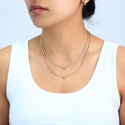 Nuragold 18K Real Yellow Gold Solid Rope Chain Diamond Cut Italian Necklace - 16",2mm