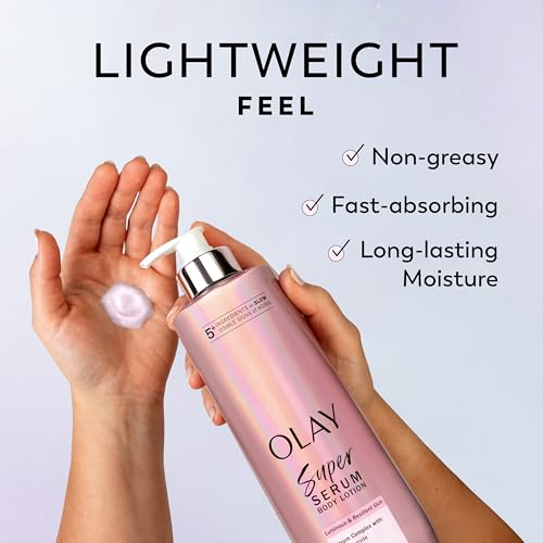 Olay Super Serum Hand & Body Lotion for Dry Skin, 24hr Long Lasting Hydration, 5+ Ingredient Complex for Bright Even Firm Luminous Skin, Sweet Vanilla & Soft Wood Scent, 18.5 fl oz