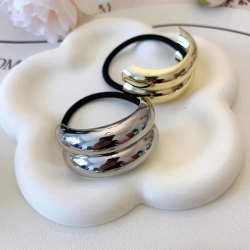 Metal Ponytails Hair Cuffs Gold & Silver Ties, Geometric Elastic Fashion Glossy Arch Accessories for Women 4PCS