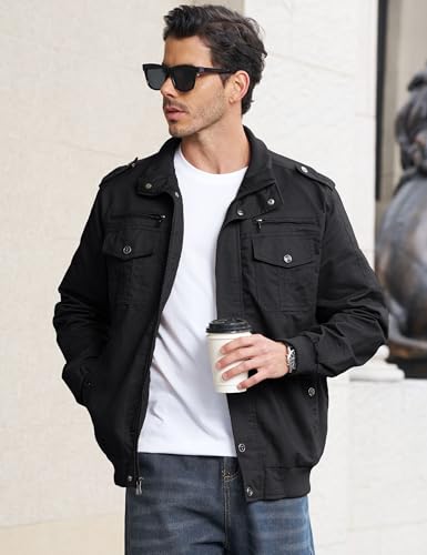 EKLENTSON Jacket Winter For Men Military Jacket Bomber Jacket Lightweight Windproof Windbreaker Black L