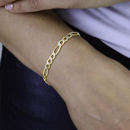 Nuragold 10k Real Yellow Gold Figaro 5.5mm Pave Diamond Cut Chain Bracelet - 8"