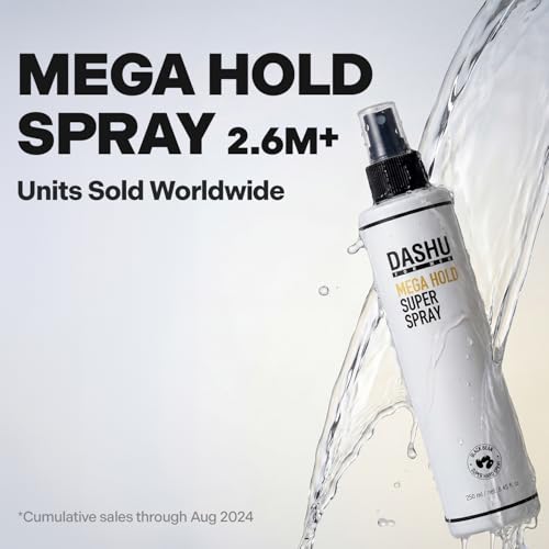 DASHU Mega Hold Super Hair Spray 8.45 fl oz – Ultra-Strong Fixation, Hairspray for Women & Men, Dryness Prevention, Natural Finish, Easy Wash-Out
