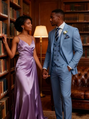 TIJOFA Dusty Blue Suits for Men 3 Piece Suit Slim Fit Double Breasted Men's Dusty Blue Tuxedo Elegant Classic Fit Wedding Formal Business Prom Party Tuxedo Classic Groom Dinner Casual XS