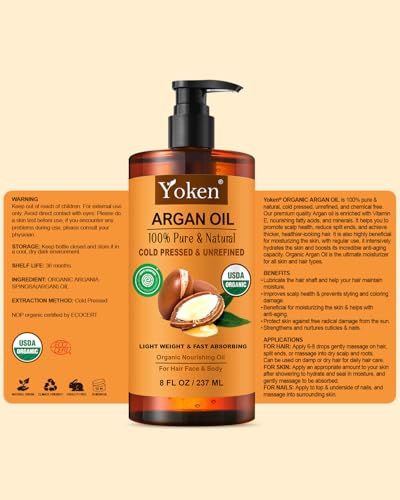 Yoken USDA Argan Oil 8oz, Cold Pressed Unrefined Moroccan Oil for Hair