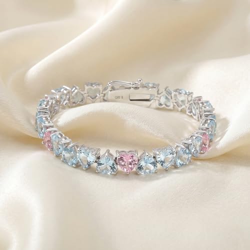 P3 POMPEII3 Pompeii 34.43Ct Heart Shape Pink & Blue Topaz Tennis Bracelet 14k White Gold 23.51grams