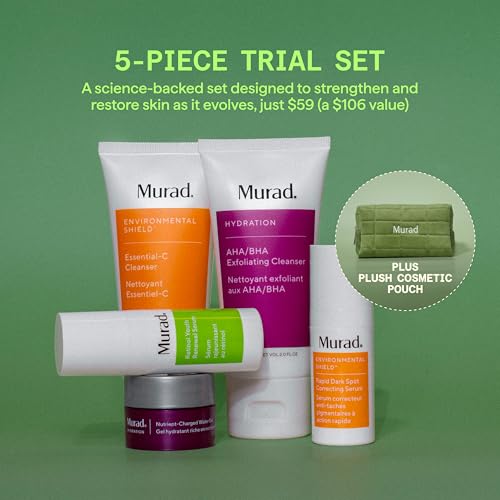 Murad Core Essentials Trial Kit – 5-Piece Travel AM/PM Regimen & Cosmetic Pouch with Cleansers, Retinol & Dark Spot Serums & Gel Moisturizer – Brightening, Smoothing & Hydrating Gift Set
