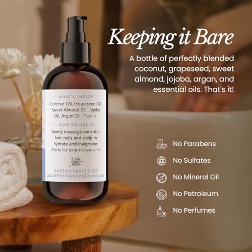 BARE BOTANICS 8oz Unscented Body Oil - Natural Skin and Hair Oil