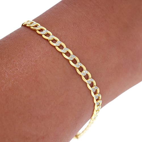 Nuragold 14k Real Yellow Gold Cuban Curb 4.5mm Pave Dia-Cut Chain Bracelet - 7"