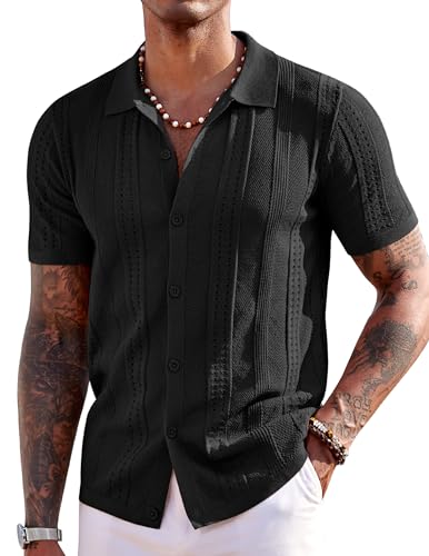 COOFANDY Men's Short Sleeve Knit Shirts Vintage Button Down Polo Shirt Casual Beach Tops, Black, X-Large