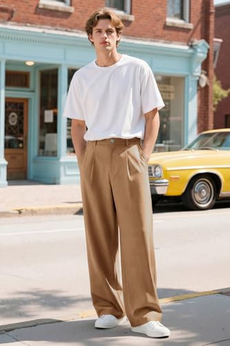Heyfanee Mens Casual Dress Pants Loose Fit Wrinkle Free Trousers for Men Relaxed Fit Chinos Khaki 34