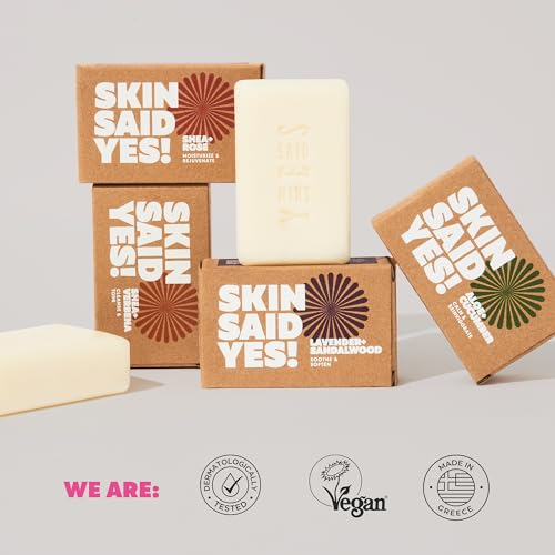 Skin Said Yes Organic Soap Bar (Pack of 8) - Natural Soap Made in Greece | Tripple Milled | Nuorishing Shea Butter, Olive Oil, Lavander and Sandalwood, Aloe Vera & Cucumber Extract