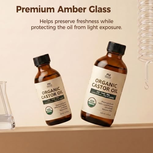 WM WESTERN MIRACLE Organic Cold Pressed Castor Oil with Lash & Scalp Care Kit, USDA Certified Pure Hexane Free Castor Oil for Brows, Lashes, Scalp & Nail Care, Amber Glass Bottle, 2 Fl Oz (Pack of 1)