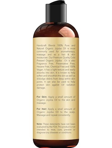 Handcraft Blends USDA Organic Jojoba Oil | Cold-Pressed | 8 Fl Oz | 100% Pure & Natural | for Hair, Skin & Face | Premium Grade Carrier Oil | for Massage & Aromatherapy | Hexane-Free