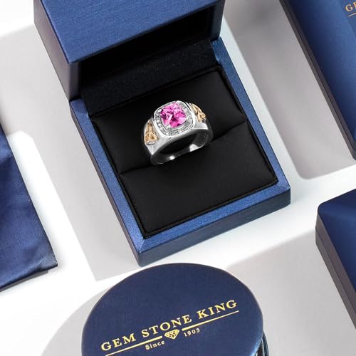 Gem Stone King 3.01 Ct Pink Created Sapphire and Lab Grown Diamond Men's Ring | 925 Silver and 10K Yellow Gold | Cushion 8MM | September Birthstone | Available in Size 7, 8, 9, 10, 11, 12, 13 | Size 9