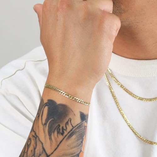 Nuragold 10K Real Yellow Gold Cuban Curb Solid Italian Link Chain Bracelet - 7.5",3mm