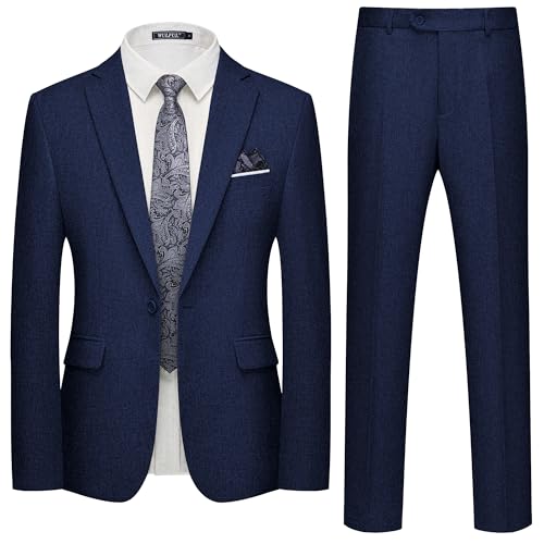 WULFUL Men's Slim Fit 2 Piece Suit, One Button Solid Blazer Business Party Jacket Pants Set Navy