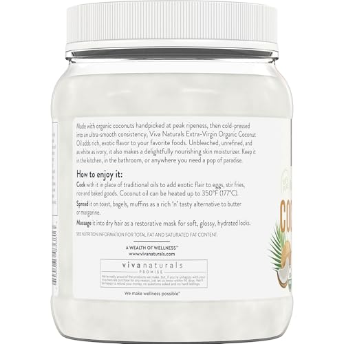 Viva Naturals Organic Coconut Oil, 54 fl oz – Unrefined, Cold-Pressed Extra Virgin Coconut Oil, USDA Organic & Non-GMO, Natural Cooking Oil, Hair Oil & Skin Oil