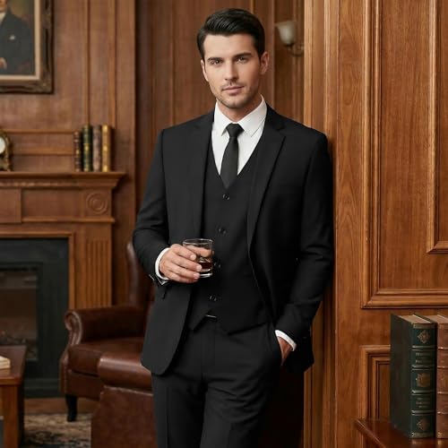 LORENZO BRUNO 3 Piece Black Suits for Men Slim Fit Mens Suit for Business Wedding Party One Button Blazer Tuxedo Jacket Vest & Pants with Tie, Black M