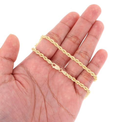 Nuragold 14k Real Yellow Gold Rope Chain Solid Diamond Cut Bracelet - 3mm - 7"