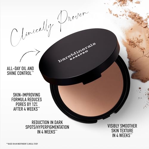bareMinerals Barepro 24HR Skin-Perfecting Powder Foundation, Matte Pressed Powder Foundation Full Coverage with Plant-Based Squalene, Oil Control, Vegan - Fair 15 Neutral