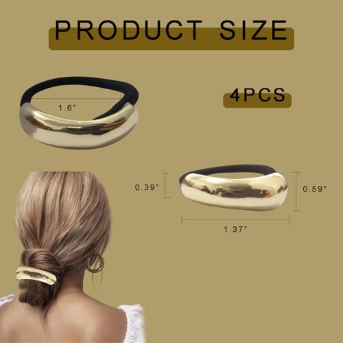 4 Pcs Gold Metal Hair Ties Geometric Elastic Hair Ties, Hair Cuff Wrap Hair Ties for Thick Hair Elastic Hair Ties for Women Hair Accessories
