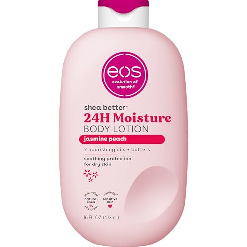 eos Shea Better Body Lotion Jasmine Peach, 24-Hour Moisture Skin Care, Lightweight & Non-Greasy, Natural Shea, Vegan, 16 fl oz