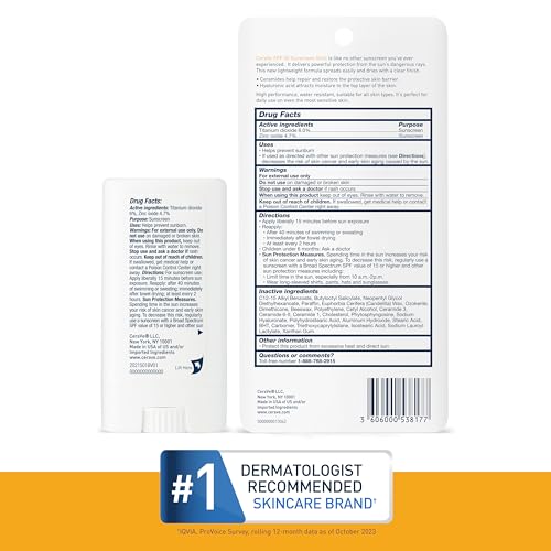 CeraVe Mineral Sunscreen Stick, SPF 50 Face Sunscreen, Travel Size, 0.47oz