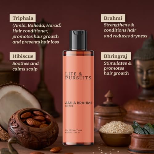 Life & Pursuits Amla Brahmi Hair Oil for Hair & Scalp Health - 6.8 Oz Natural, Indian Ayurveda Oil for Healthy & Shiny Hair | Coconut, Castor, Sesame, Triphala, Gotukola