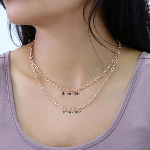 Nuragold 10k Real Rose Gold Paperclip 3mm Elongated Cable Link Necklace (16"-24") Dainty Italian Jewelry for Men & Women - 16"
