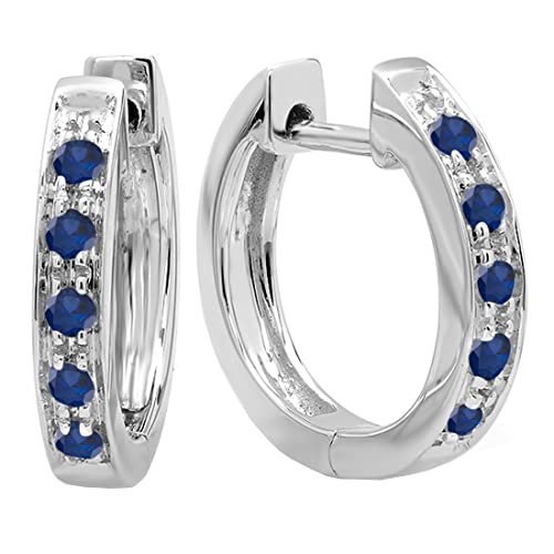 Dazzlingrock Collection Round Blue Sapphire Single Row Hoop Earrings for Women in 10K Solid White Gold